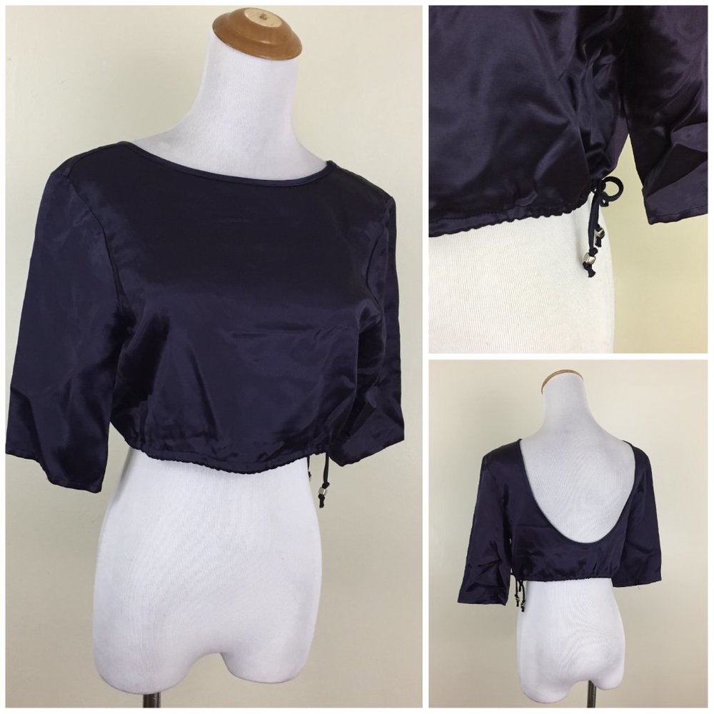 ODE TO JEUNE Dark Purple Sateen/Satin Drawstring Hem Cropped Shirt Top